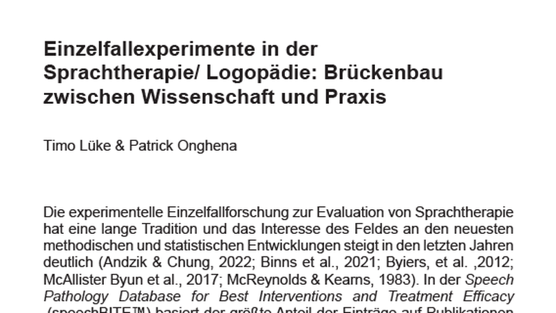 Einzelfallexperimente in der Sprachtherapie/Logopädie: Brückenbau zwischen Wissenschaft und Praxis